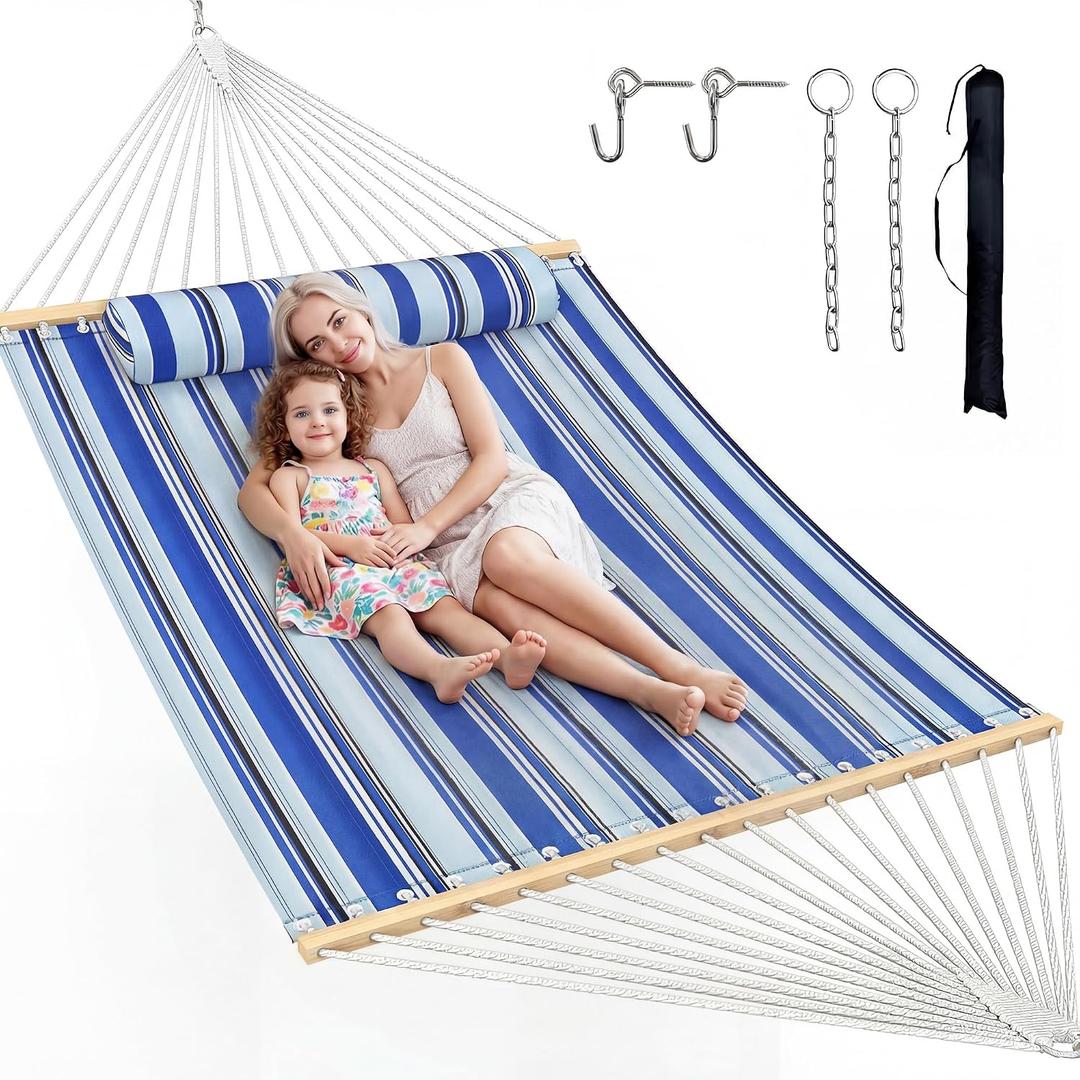 ANAGOO Double Hammock with Spreader Bar & Pillow, 2-Person Portable Hammock, 500lbs Capacity for Outdoor Camping, Patio, Backyard, Garden, Beach & Travel Relaxation – Blue