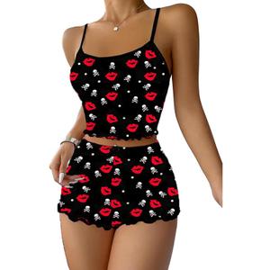 Women Valentine Pajamas Set Hearts/Lips Print Camisole Matching Shorts Set 2 Piece Loungewear Sleepwear (Black 1, L)