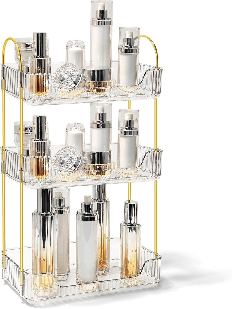 Bathroom Counter Organizer Countertop Storage Skincare Countertop Makeup Organizer Cosmetics Skincare Organizers Holder for Perfume-Clear-Golden Pole-3 Tier (11.8" x 6.7" x 18.9")