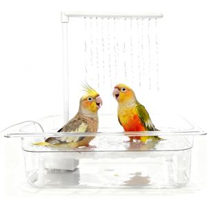 Bird Bath Tub with USB Pump, Automatic Bird Shower with Adjustable Water Flow, Transparent Acrylic Basin & Mesh Perch for Parakeets, Cockatiels, Conures, Budgies, African Greys, Amazons