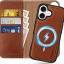 SHIELDON Detachable Genuine Leather Wallet Case for iPhone 17 6.3-inch | 2-in-1 | Wireless Charging | Magnetic Closure | RFID Blocking Credit Card Slot | Kickstand | Full Protection | Retro Brown