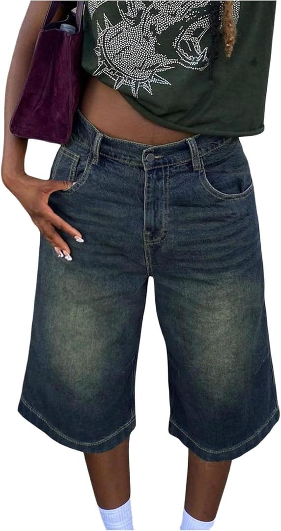 Verdusa Women's Wide Leg Jorts Baggy Jean Shorts Straight Leg Denim Shorts with Pockets small (Blue)