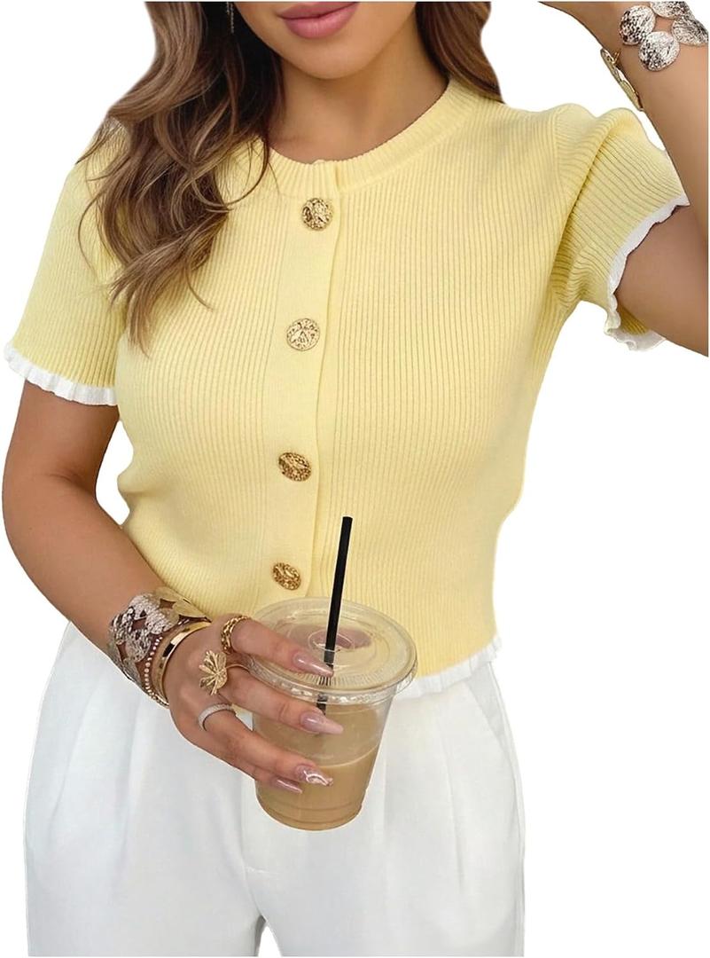 SOLY HUX Women's Button Up Short Sleeve Cardigan Lightweight Fitted Sweater Ribbed Knit Tops (M)