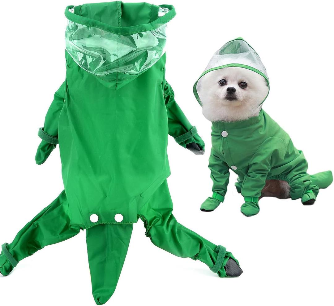 SMALLLEE_LUCKY_STORE Cute Raincoat for Small Dogs with Hood and Boots Detachable Tail Puppy Botton Down Rain Jacket Full Boby 4 Leg Jumpsuit Waterproof Lightweight Clothes,Green,XXL