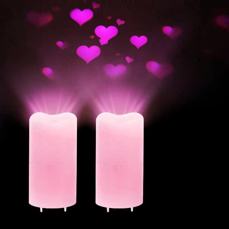XingsLight Valentines Day Decorations Flameless Candles with Romantic Pink Heart Projector Lights Battery Operated LED Candle with Remote and Timer, Pack of 2