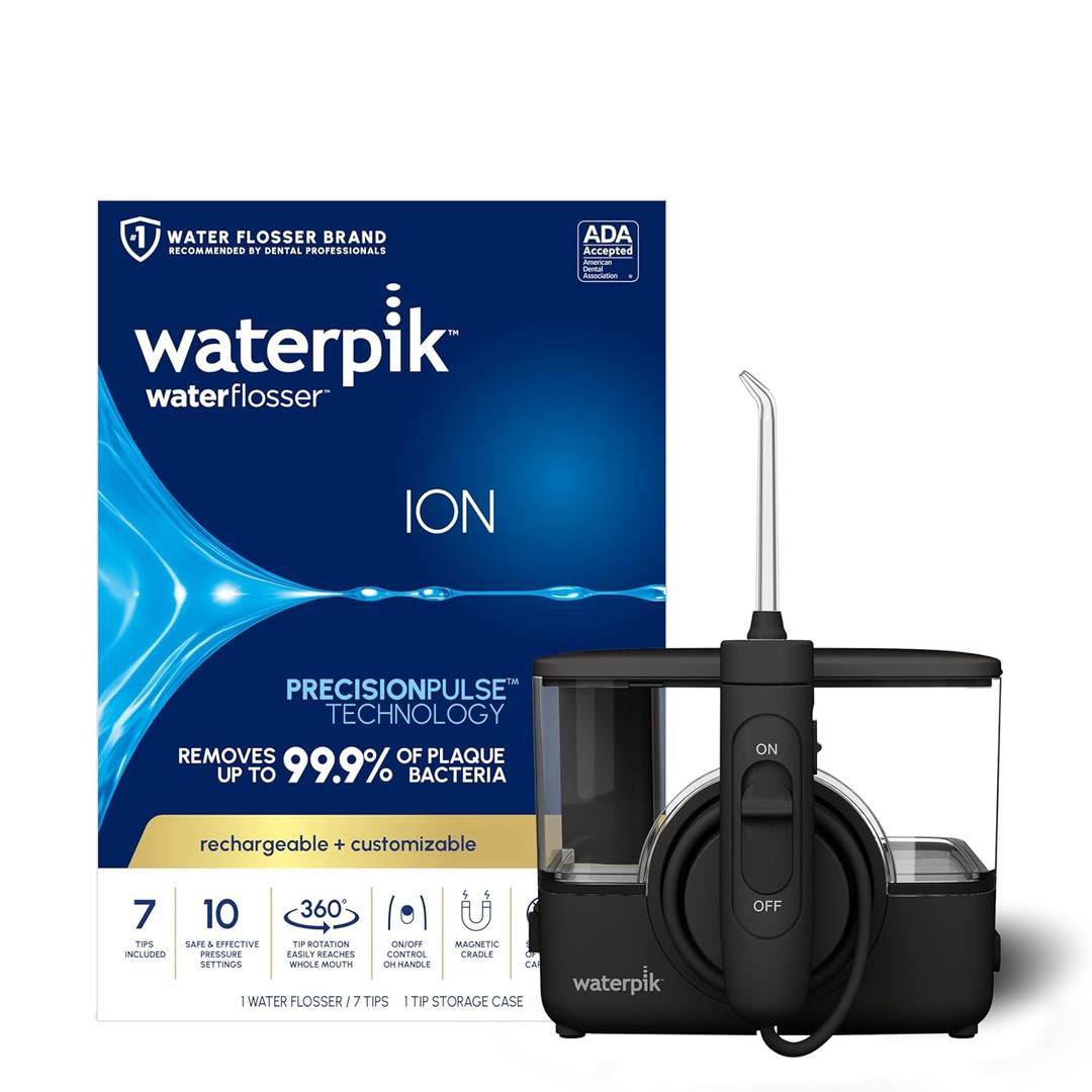 Waterpik ION Professional Water Flosser, Rechargeable and Portable for Teeth, Gums, Braces, 10 Settings, 7 Flossing Tips For Multiple Users And Needs, ADA Accepted, WF-12 Black