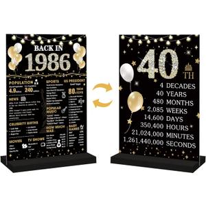 Roetyce 40th Birthday Decorations Gift for Women Men, Black Gold Back in 1986 Poster Acrylic Sign Centerpiece(1PC Duplex Printing), 40th Anniversary Table Decor, 40 Years Old Birthday Party Supplies