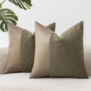 Set of 2 Fluffy Boucle Pillow Covers 18"x18", Moss Green Textured Throw Pillow Covers with Faux Leather Accents, Boho Decorative Pillow Cases for Couch, Bed, or Farmhouse Home Decor