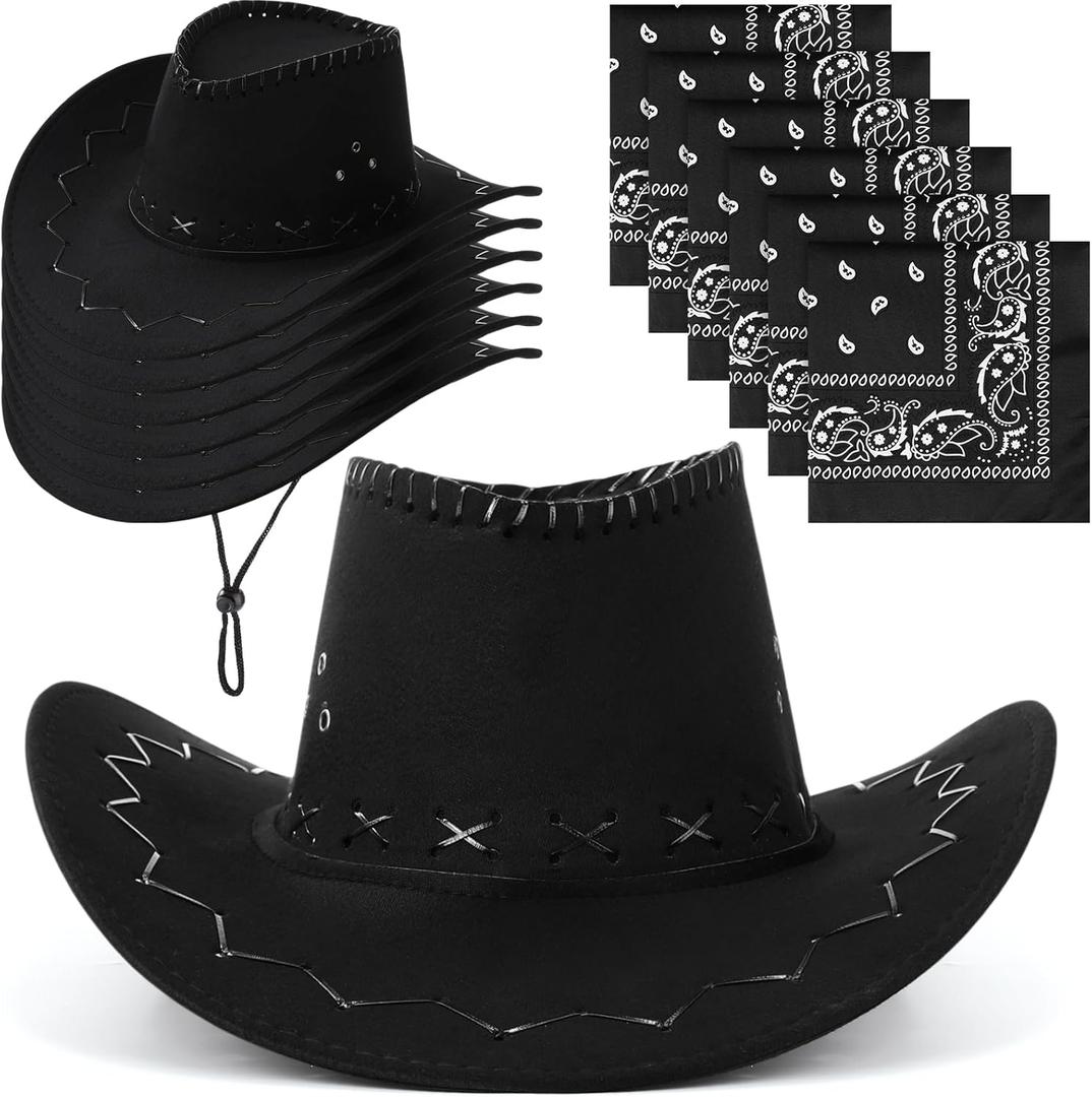 Zhanmai 12 Pcs Cowboy Hat & Bandana Set Western Costume Accessories for Cowboy Party Bulk Favors for Theme Party (Black)