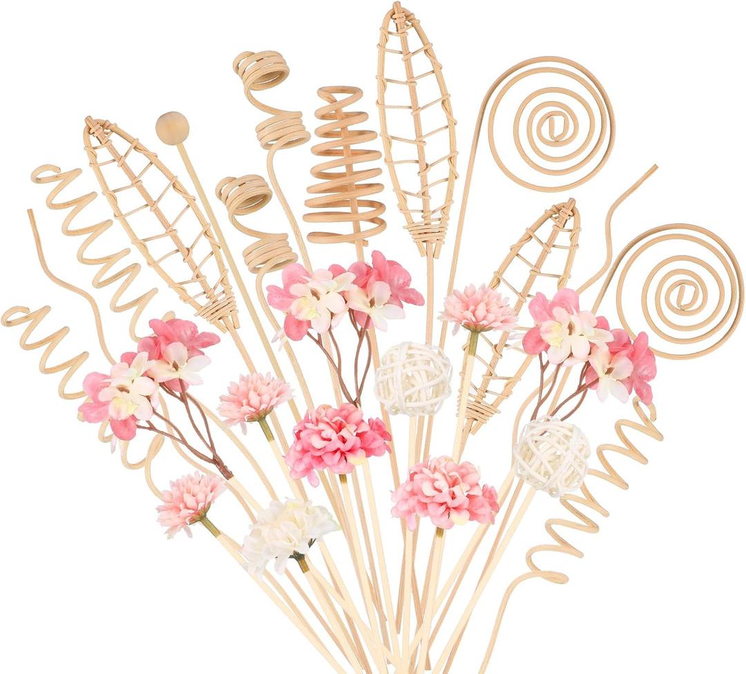 Queekay 32 Pcs Reed Diffuser Sticks Set Include 21pcs Natural Rattan Wood Beads, 11 Style Fragrance Diffuser, Rattan Reed Fragrance Replacement for Home(Pink Color)