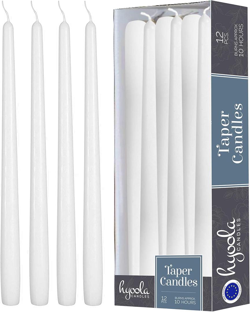 12 Pack Tall Taper Candles - 12 Inch White Dripless, Unscented Dinner Candle - Paraffin Wax with Cotton Wicks - 10 Hour Burn Time