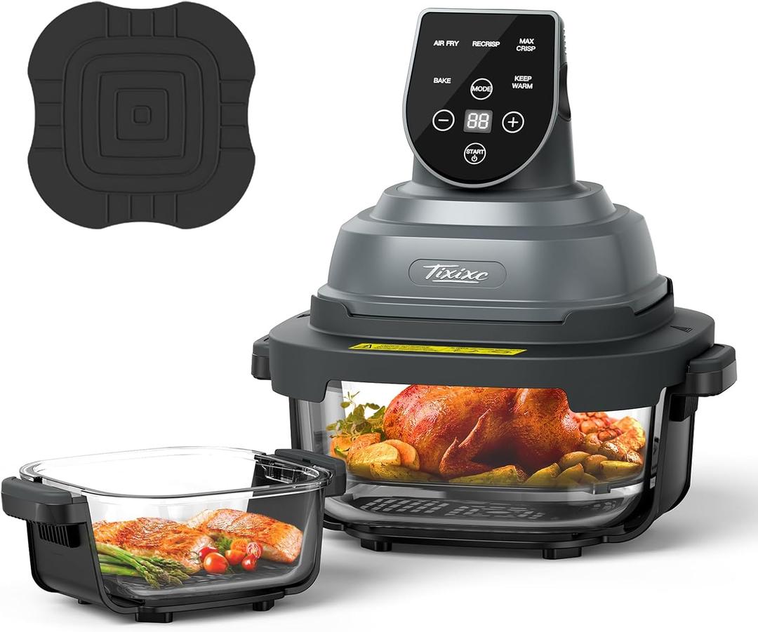 5-in-1 Portable Glass Air Fryer, 4QT & 6-Cup Glass Containers with Lids, Silicone Mat, Dishwasher/Freezer Safe for Single Servings, Family Meals