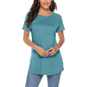Newchoice Summer Blouses for Women Short Sleeve Tshirts Shirts Longline Tunics with Pockets (XL, Blue Green)