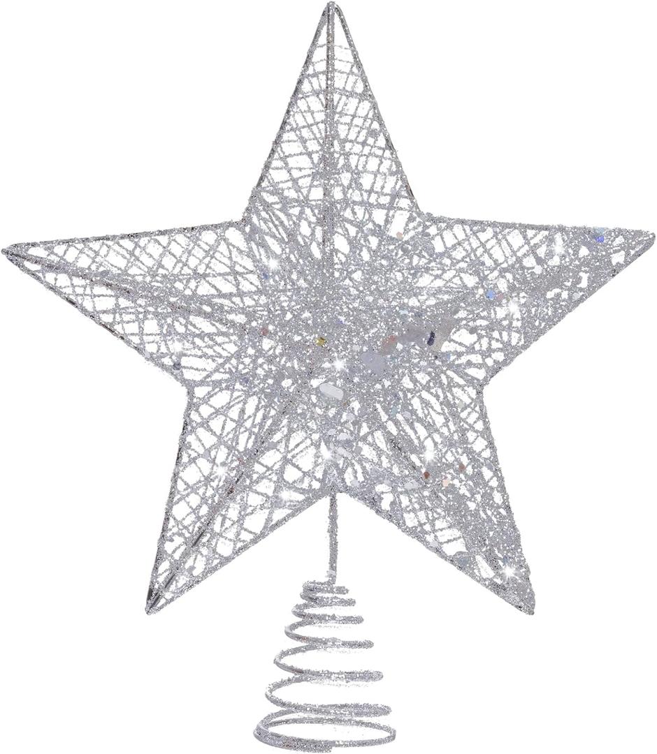 Glittered Christmas Tree Topper Hollow Wire Star Christmas Treetop Ornament (Silver)