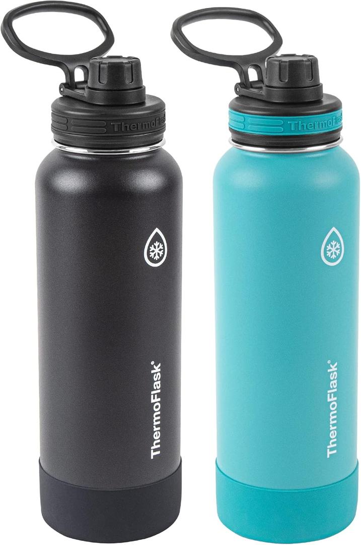 ThermoFlask Stainless Steel Water Bottles 2-Pack - Double-Wall Vacuum Insulated 40 oz BPA-Free Spout Lids - Keeps Drinks Cold 24 Hrs, Hot 12 Hrs - Leakproof, Dishwasher Safe, Onyx Black/Splash
