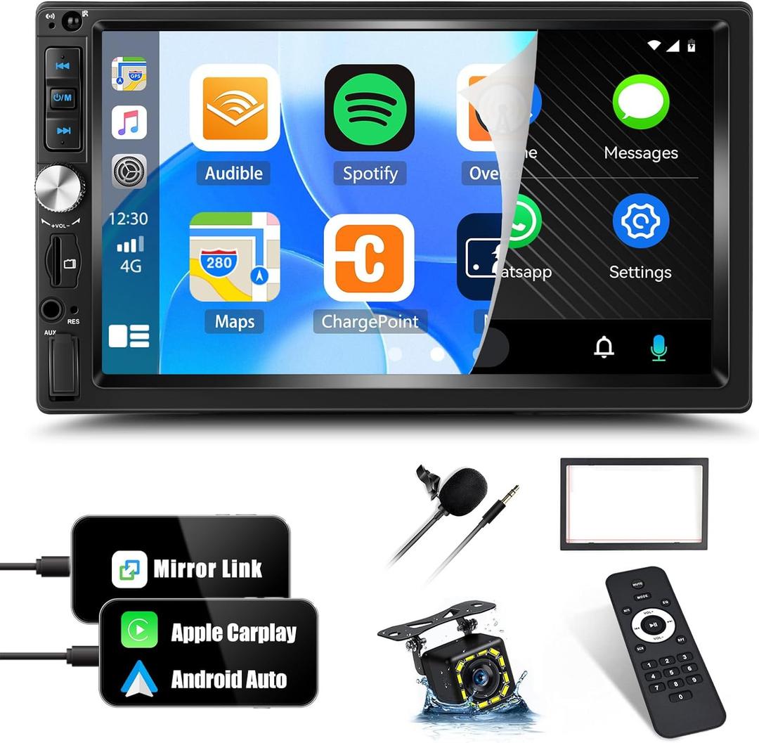 UNITOPSCI Double Din Apple CarPlay Car Stereo, Android Auto Car Audio Receiver 7 Inch Touch Screen with Backup Camera Bluetooth Mirror Link FM USB AUX SD Input Media MP5 Player + Frame Remote Control