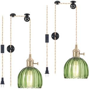 Pack of 2 Plug in Pendant Light Fixtures, Hanging Light Fixture Vintage Glass Pendant Light, Mini Green Tulip Hanging Lamp, Pendant Lighting for Kitchen Island, Bedroom, Dining Room, Living Room