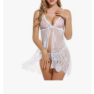 Sexy Lingerie for Women Two Piece Lace Teddy Nightdress See Through Sheer Nightgown Eyelash Lace, L