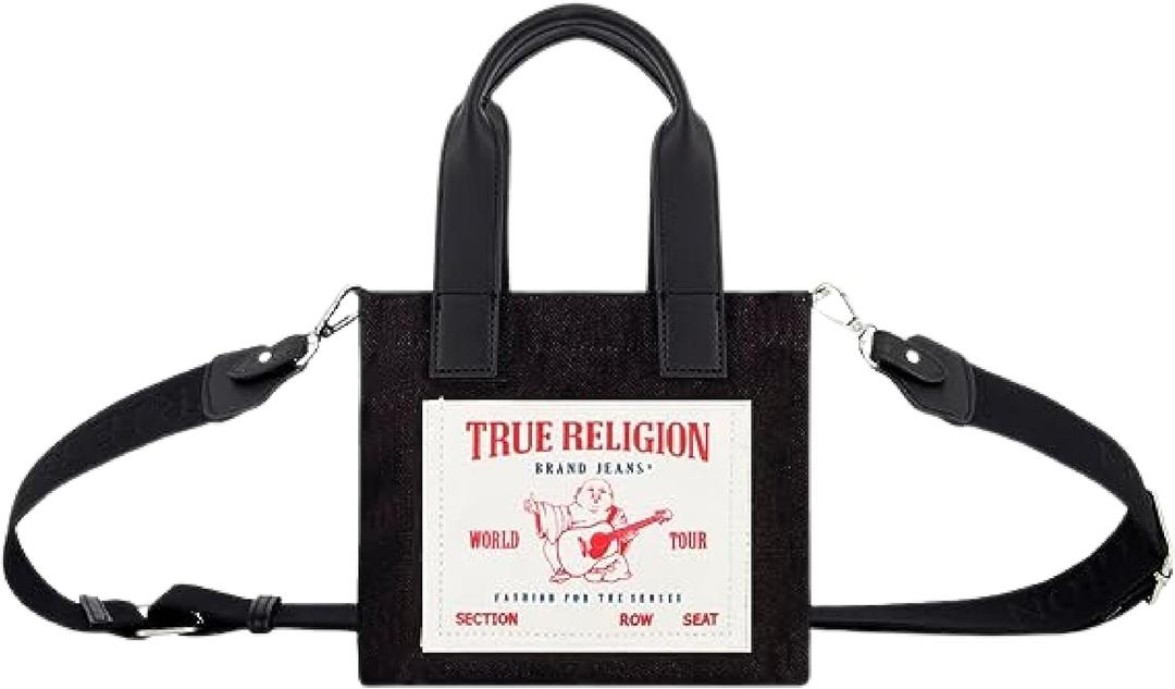True Religion Tote Bag, Women's Mini Travel Shoulder Bag with Adjustable Strap (Black)