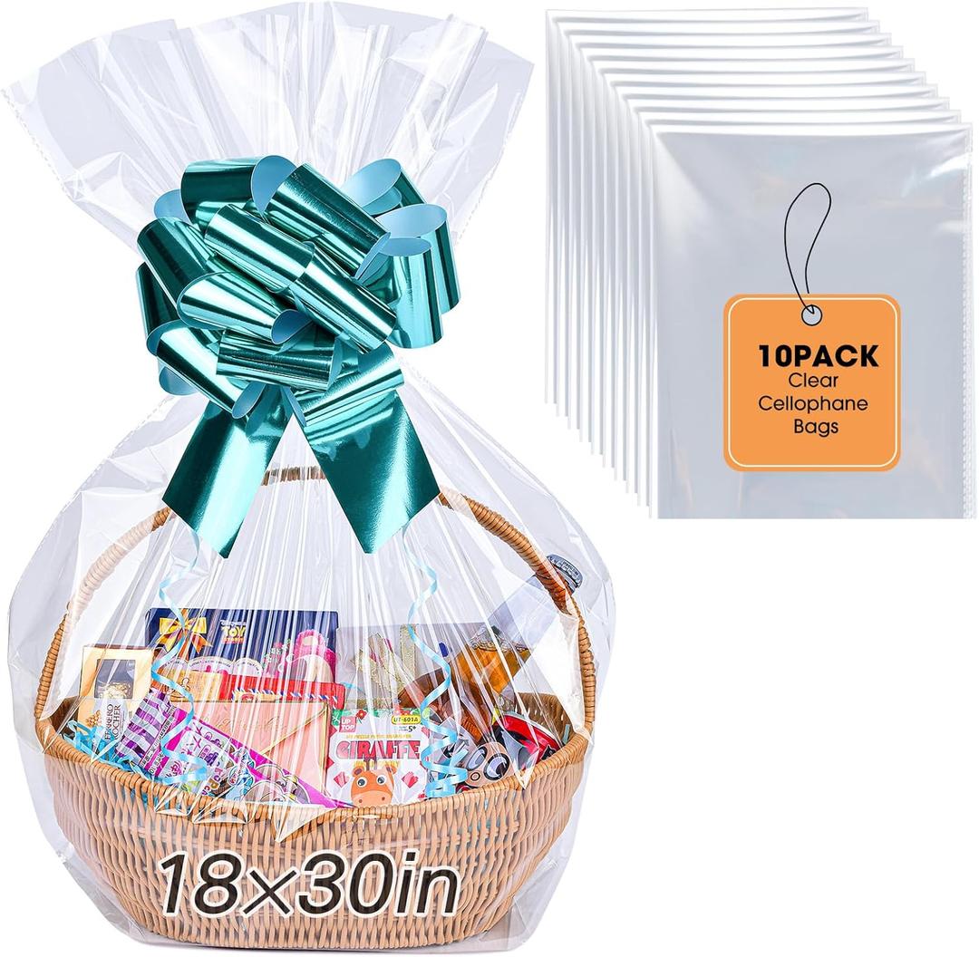 Yuiicaov 10PCS Large Cellophane Bags, 18x30 Inches Clear Cellophane Wrap for Gift Baskets, Clear Basket Bags Packaging 2.8 Mil Thick