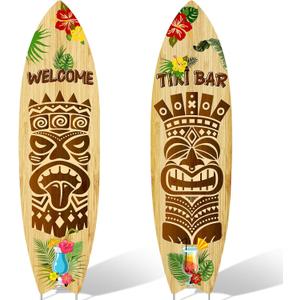 2 PCS Tiki Bar Surfboard Yard Signs Surfboard Beach Signs with Stakes Hawaiian Luau Party Decoration Summer Theme Decor for Tiki Bar Beach Outdoor