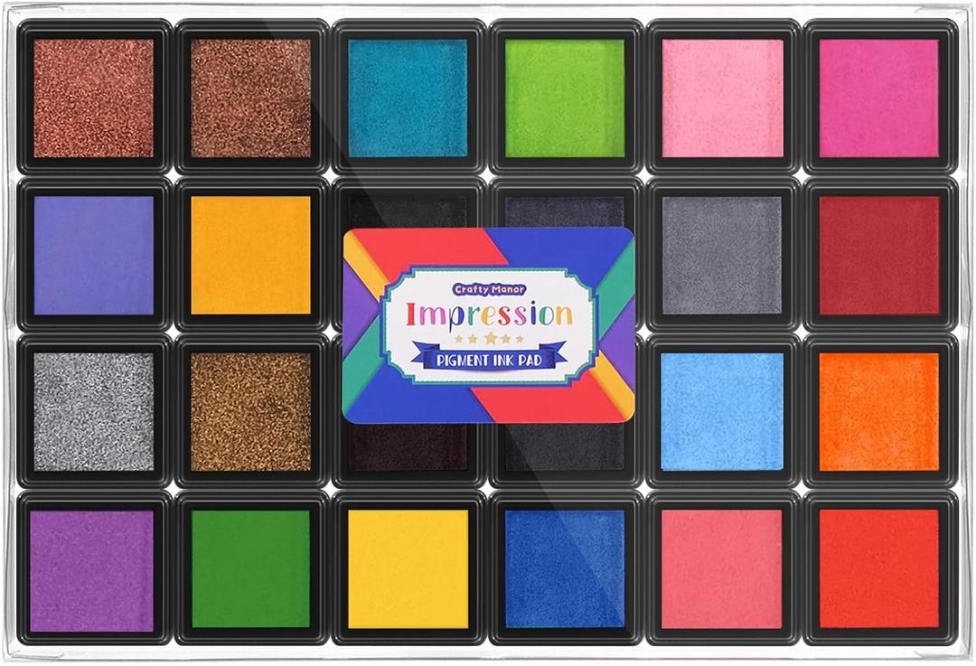 CraftyManor Mini 24 Color Pigment Ink Pads Set for Stamps, Fingerprint Ink Pad for Kids, Stamp Pad for Scrapbook Paper & Stamps for Classroom & Clothing Stamp & Letter Stamps, Archival