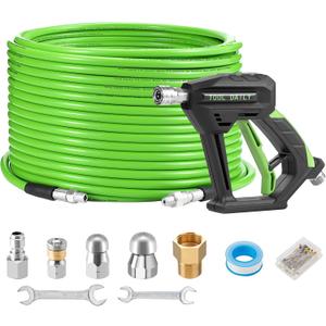 Tool Daily Sewer Jetter Kit for Pressure Washer 100 FT, Short Power Washer Gun, Drain Cleaner Hose 1/4 Inch NPT, Corner, Rotating and Button Nose Sewer Jetting Nozzle, 3600 PSI (Green)