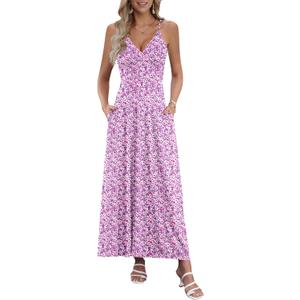 AUSELILY Womens Summer Dress 2025 Sleeveless V Neck Formal Party Evening Cocktail Long Dress with Pockets (X-Large, Pink Purple Flower)