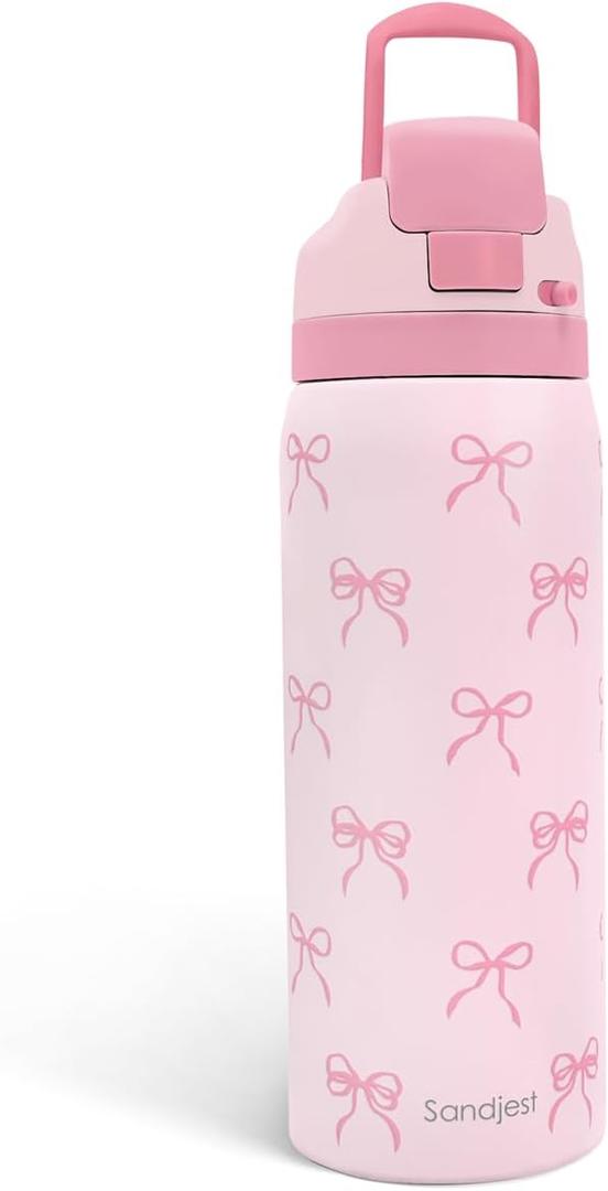 Bow Insulated Stainless Steel Water Bottle with Straw for Sports and Travel, 32oz, Gifts for Women Girls Friends Teens Birthday Christmas (Pink)