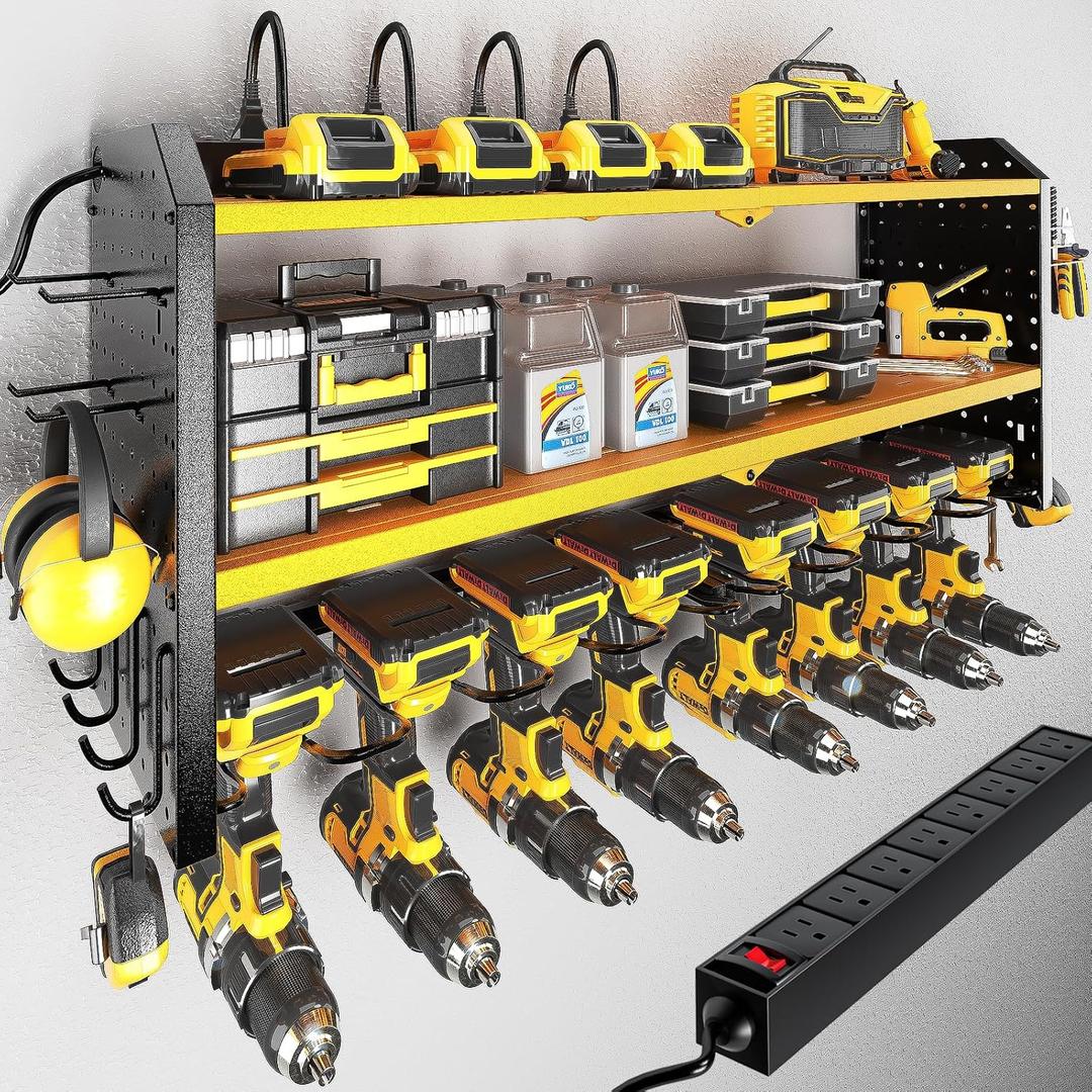 KAFAHOM Power Tool Organizer with Charging Station, Built in 8 Outlet Power Strip, Large 8 Drill Holder Wall Mount, Heavy Duty Metal Power Tool Storage Rack Tool Shelf for Garage Organization Black (Yellow-32 inches)