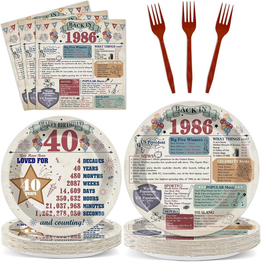 96 Pcs 40th Birthday Party Tableware Set Vintage 40 Year Old Paper Plates Napkins Back in 1986 Dinnerware Set Disposable Cheers to 40 Years Decoration for 24 Guests Men Women 40th Theme Party Supplies