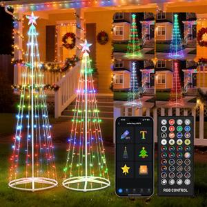 2 Pack Smart Christmas Cone Tree Light - 5FT 130 LED & 6FT 154 LED Artificial Tree with Star Topper, Music Sync, DIY RGB Light Show for Indoor/Outdoor Decorations (RGB - APP Control)