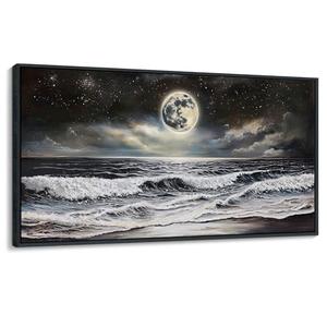 QZQCBLC Large Wall Art Bedroom, Black and White Sea Beach Canvas Wall Pictures, Waves Moon Starry Clouds Coast Paintings Artwork for Living room Home Office Artwork Framed Decor 29x58 IN