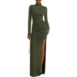 BTFBM Formal Dresses for Women 2026 Spring Long Sleeve Mock Neck Ruched Bodycon Slit Maxi Wedding Guest Dress Cocktail (XL)