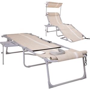 #WEJO 4-in-1 Tanning Chair with Face Hole and Side Table - 5-Position Face Down Folding Chaise Lounge with Canopy Shade & Cup Holder - Portable Heavy Duty Tanning Bed for Beach, Pool, Patio (Khaki)