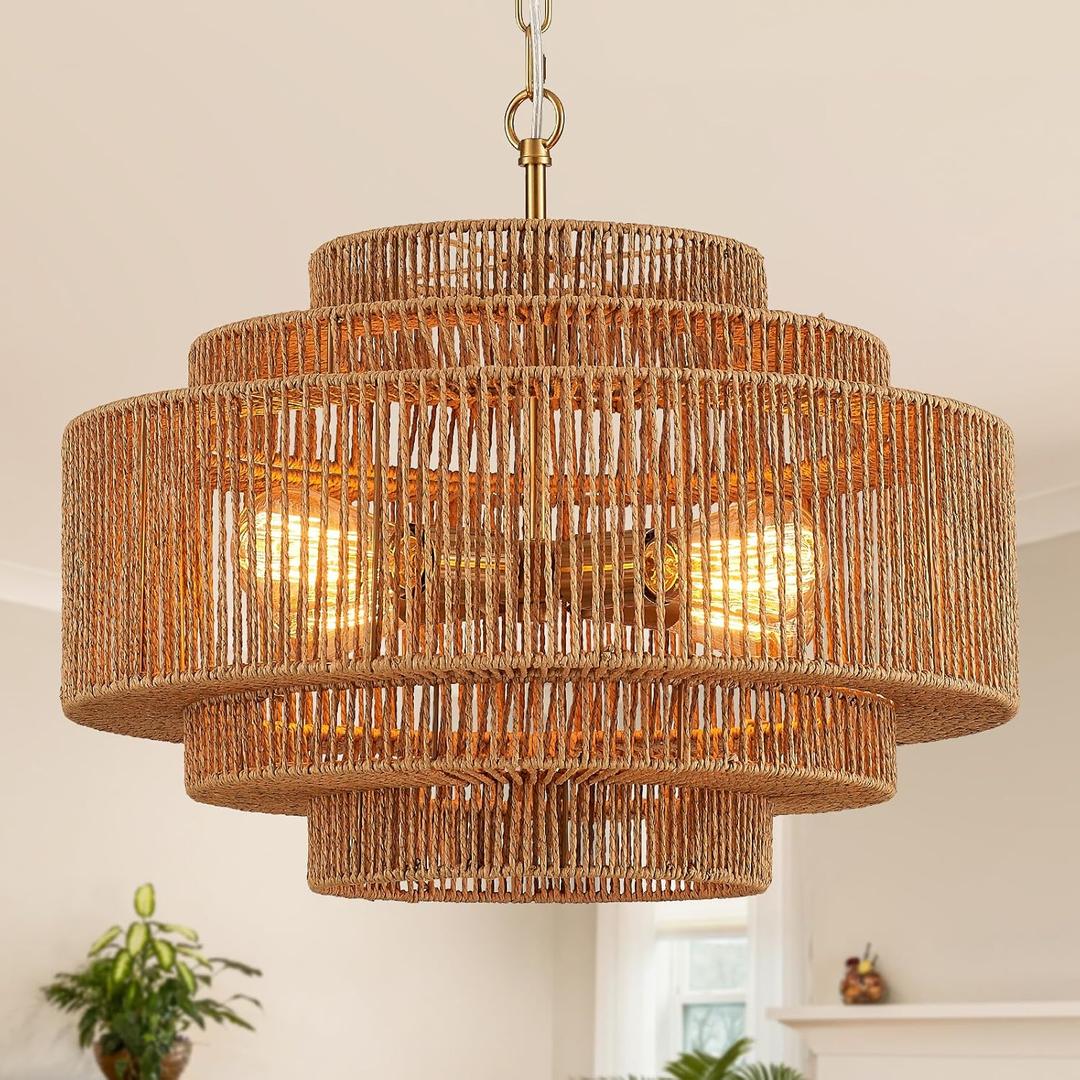 Hand-Woven Rattan Chandelier Dining Room Boho Chandelier 20in Bamboo Farmhouse Chandeliers 4-Light Vintage Light Fixtures Golden Chandeliers for Kitchen Island, Living Room, Bedroom
