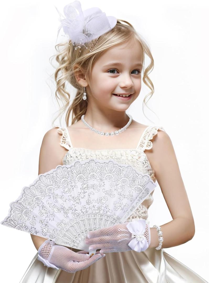 Tea Party Fascinator Set - Girls 1920s Costume Party, White High Tea Pary Church Top Hat with Pearl Necklace Earring Hand Fan and Lace Gloves Set