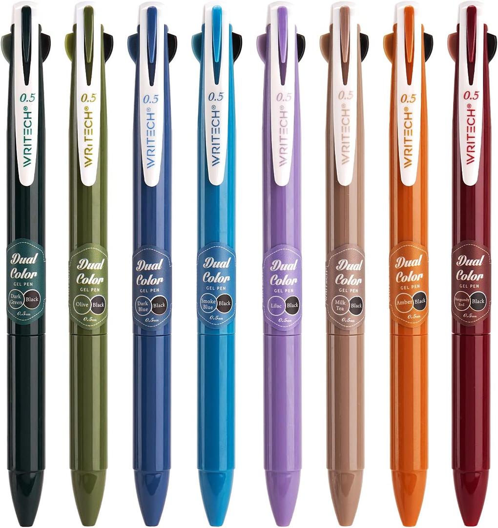 WRITECH Retractable Gel Ink Pens: Multi Colored 2 in 1 Colorful Click Pens Assorted Color 8ct Extra Fine Point Tip 0.5mm Journaling Smooth Writing Note Taking Coloring No Bleed & Smear & Smudge (Vintage&Black)