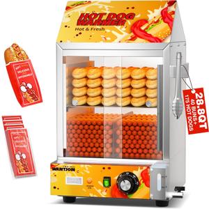 Hot Dog Steamer - 28.8QT/27L Adjustable Temperature Electric Hot Dog Steamer with Bun Warmer, Visible Glass Sliding Door, Suitable for 175 Hot Dogs &40 Buns (Yellow)