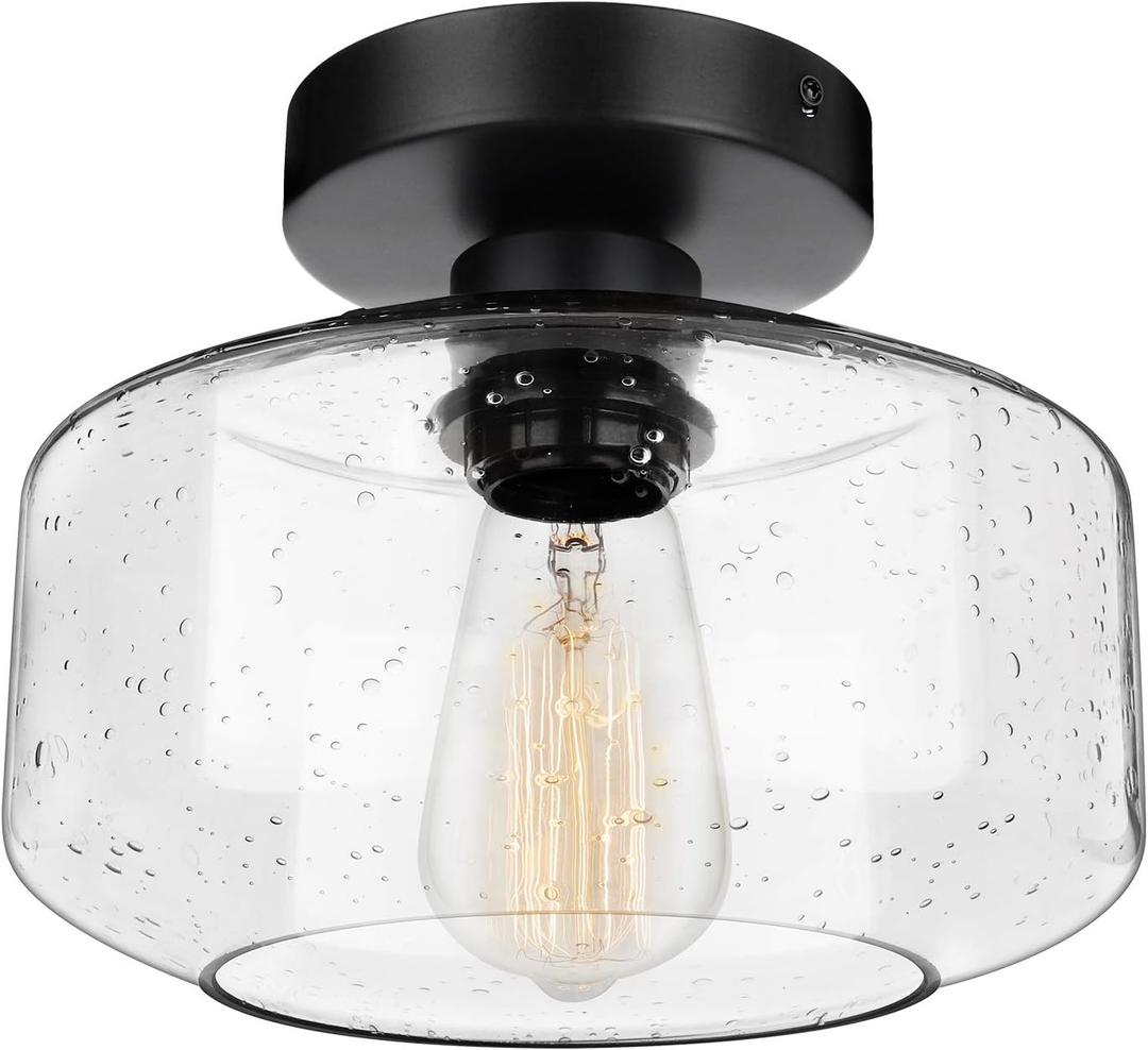SunRider Industrial Semi-Flush Mount Ceiling Light Fixture, Modern Seeded Glass Pendant Lamp, Black Farmhouse Hanging Lighting for Bedroom Hallway