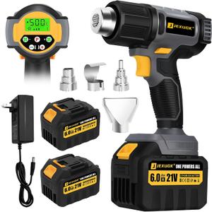 LCD Cordless Heat Gun, Portable Hot Air Gun with 2 x 6.0Ah Battery, Pistola De Calor Inalambrica with 4 Nozzles, 122-1022 Fast Heating Shrink for Vinyl Wrap, Automotive, Paint Removal