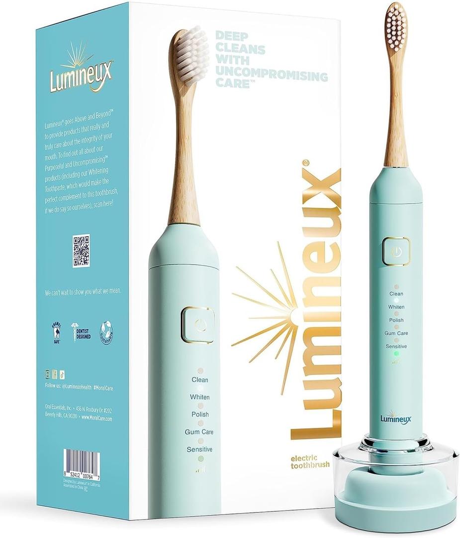 Lumineux Teeth Whitening Sonic Bamboo Electric Toothbrush for Adults - Includes 2 Soft Bristle Replaceable Bamboo Toothbrush Heads, Charging Station & USB Charge Cord - Rechargeable, Light Blue