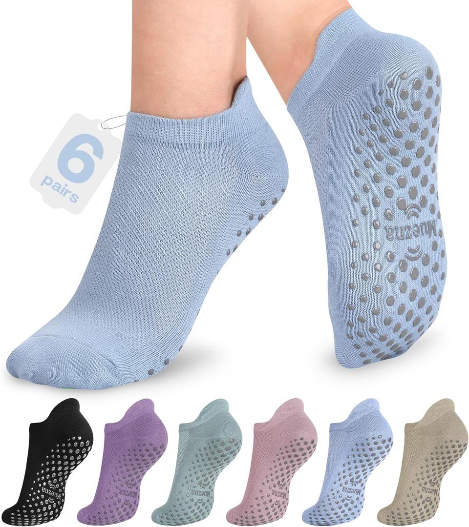 Muezna 6 Pairs Pilates Grip Socks for Women, Non Slip Yoga Socks with Grips, Grippy Socks for Barre, and Hospital (Medium)