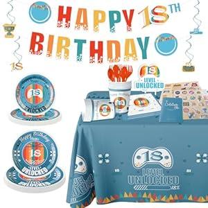 18th Birthday Party Supplies for Boys - 131Pcs Happy 18 Years Birthday Decorations Set, Includes Plates, Napkins, Tablecloth, Cups, Banner, Stickers, Cake Topper, Tableware for 20 Guests