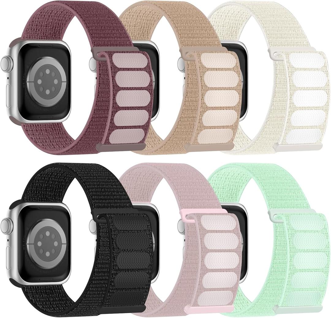 6 Pack Sport Nylon Loop Band Compatible with Apple Watch Band, Size: 42mm(Series 3)/44mm/45mm/46mm/49mmfor Women Men, Adjustable Breathable Braided Straps for iWatch Series 11/10/9/8/7/6/5/4/3/SE/Ultra (Black/Smoke Violet/Rose Pink/Milk Tea/Mint Green/Starlight)