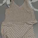 Sujama Striped Smocked Maxi Dress for Women Sleeveless Tie Strap Tiered Sexy V Neck Long Dress Flowy Sundress with Pockets Beige, M