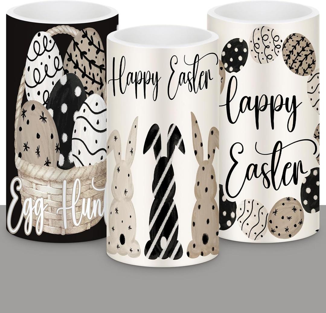Retisee 3 Pcs Black Brown Easter Flameless LED Candles Battery Operated Bunny Spring Flickering Pillar Candles with Remote Rabbit Easter Centerpiece for Bedroom Living Room Dinner Table Decoration
