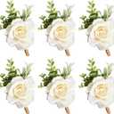 Ivory Rose Boutonniere for Men Wedding Set of 6 Groom Groomsmen Best Man Artificial Flowers Boutonniere for Wedding Ceremony Anniversary Prom Flowers Formal Dinner Party (6, White, Middle)