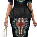 VisiChenup African Dress for Women Sexy Elegant Short Sleeve Bodycon Ladies Pencil Dresses (Small, Black)