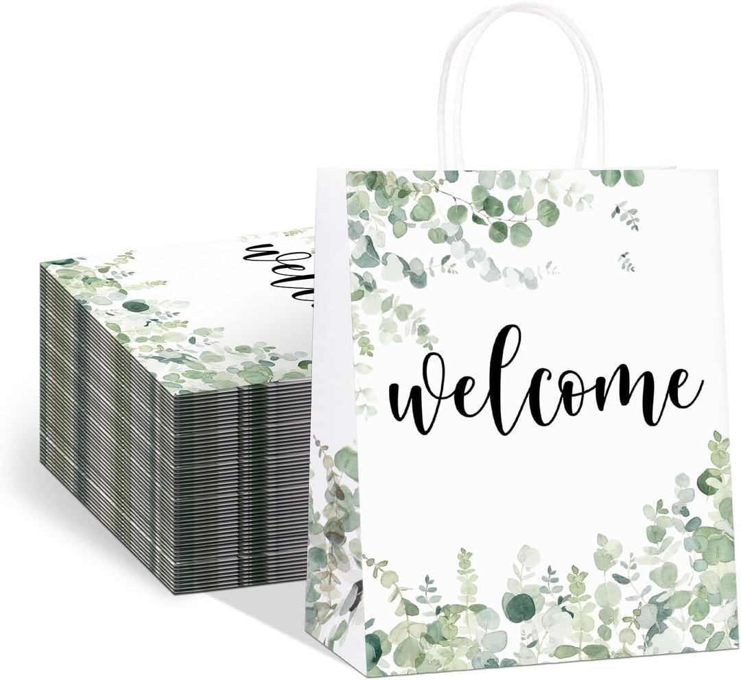 QIELSER 50 pcs Welcome Bags for Wedding Guests Bulk, White Welcome Gift Bags with Handles Shopping paper Bags Good for Wedding, Birthday Party Supplies, Craft, Packaging, Retail (50Pcs(8"*4.75"*10"))
